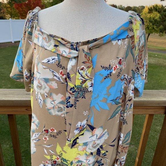 Nicole Miller Studio Floral Shift Dress Sz 12 Taupe Multi Off Shoulder Ties NWT - Picture 12 of 12